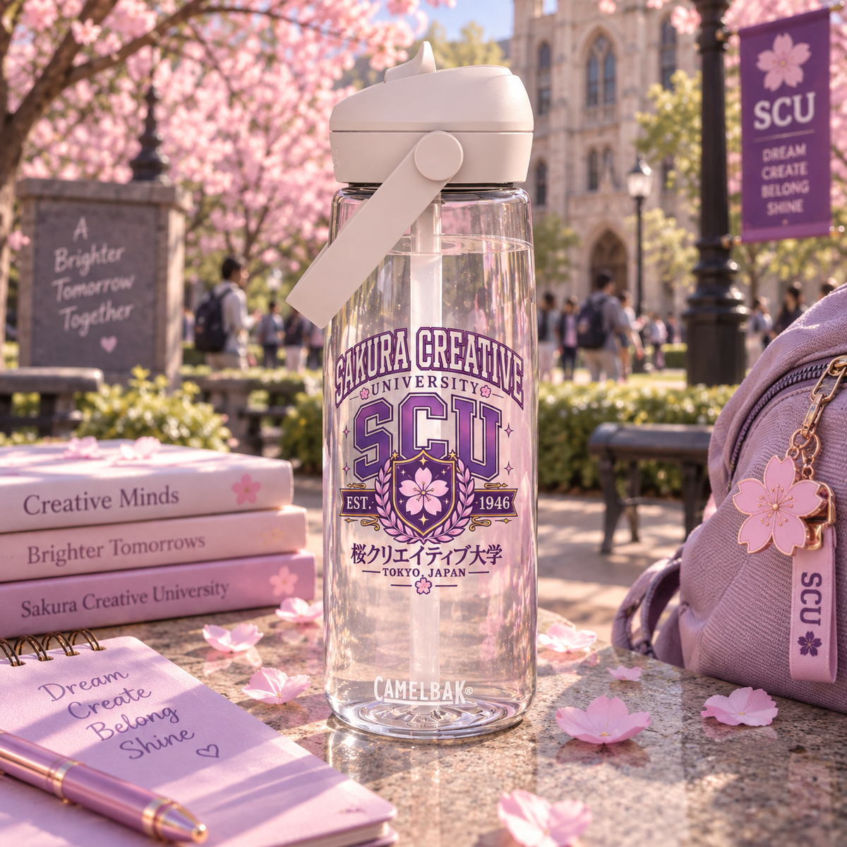 Sakura Creative University Flip Straw Water Bottle